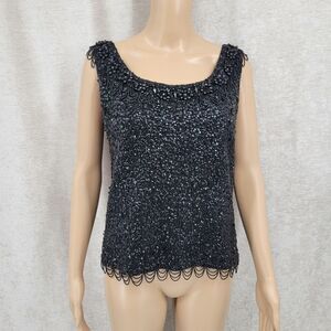 Helen Wong Vintage 60s Black Wool Beaded Sequin Glam Sleeveless Top